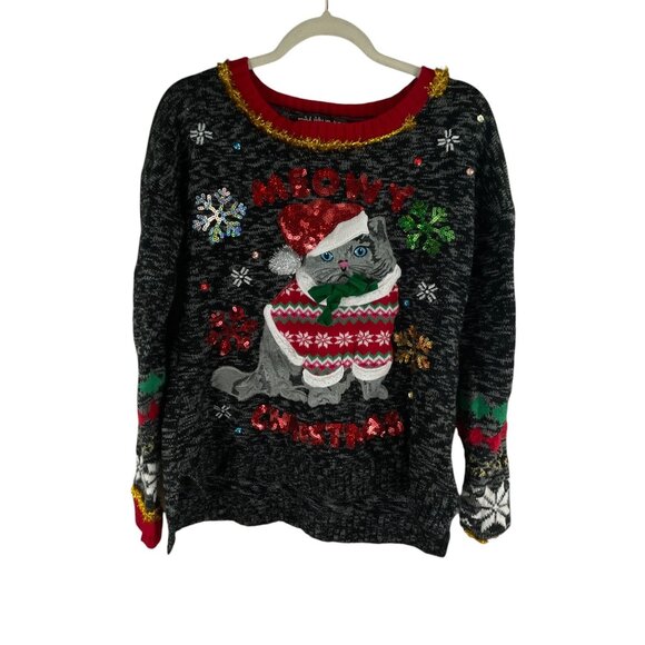 United States Sweaters Holiday Cat Ugly Christmas Sweater M Gray Red Festive Kni - Picture 7 of 7